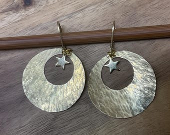Hammered Gold Brass Hoop Earrings with Star Charm, Boho Dangle Jewelry
