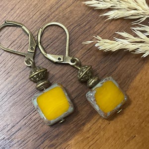 Small Orange Yellow Czech Glass Dangle Earrings, Brass Leverback