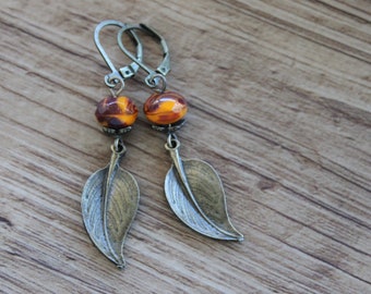 Yellow brown Leaf Earrings Brass Boho Earrings Dangle Drop Earrings Boho Jewelry Fall Earrings Gift For women Fall Jewelry