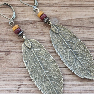 Turquoise Boho Earrings, Dangle Leaf Earrings, Bohemian Earrings, Boho Jewelry, Brass Earrings, Nature Lover Gift Earrings Gold brown
