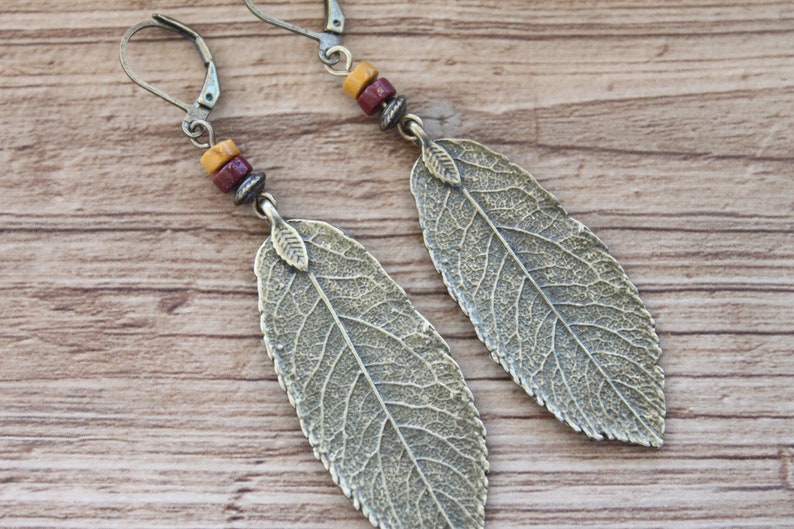 Turquoise Boho Earrings, Dangle Leaf Earrings, Bohemian Earrings, Boho Jewelry, Brass Earrings, Nature Lover Gift Earrings Gold brown