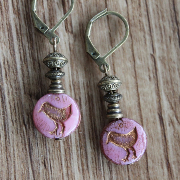 Pink Earrings Dangle Drop Earrings Czech Glass Earrings Bird Earrings Bird lover Earrings Nature Lover Small Earrings Pink Jewelry