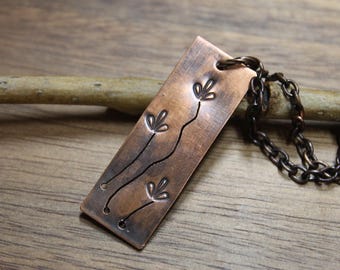 Handcrafted Copper Flower Necklace, Boho Pendant Necklace, Nature Lover Gifts, Oxidized Copper Jewelry, Unique Gift, Hand Stamped & Hand Saw