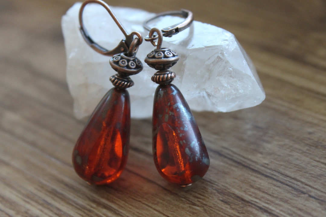 Burnt Orange Earrings Dangle Teardrop Glass Earrings Gift for Etsy