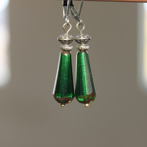 Emerald Green Earrings / Czech Glass Earrings / Dangle Drop Earrings / Teardrop Earrings / Gift for women / Gift for her / Holiday Earrings