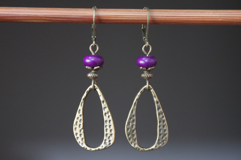 Purple Earrings Boho Earrings Dangle Drop Earrings Boho jewelry Brass Earrings Gifts For women image 1