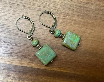 Earthy Green Brownish Czech Glass Earrings, Antiqued Brass Lever Backs