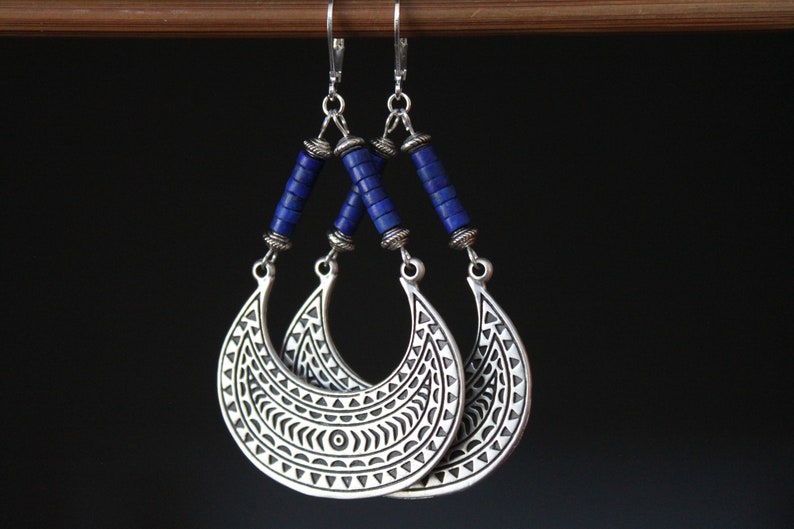 Lapis Silver Boho Earrings Dangle Boho jewelry Large Bohemian Earrings Lapis lazuli Earrings Bohemian jewelry Statement Earrings image 5