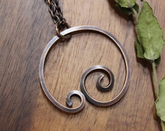 Oxidized Copper Swirl Pendant Necklace, Handmade Boho Jewelry