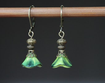 Green Earrings Dangle Drop Earrings Czech Glass Earrings Flower Earrings Gift For Women Gift for her