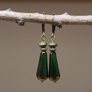 Emerald Green Czech Dangle Earrings: Antiqued Brass Jewelry
