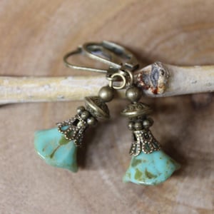 Turquoise Flower Dangle Earrings: Czech Glass Jewelry