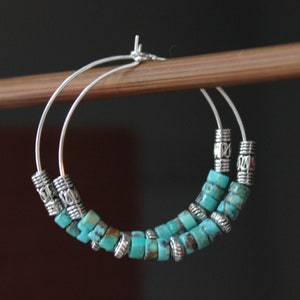 Silver Turquoise Earrings / Hoop Earrings / Boho Jewelry / Beaded Earrings / Bohemian Earrings / Gift for women