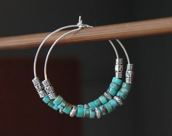 Silver Turquoise Earrings / Hoop Earrings / Boho Jewelry / Beaded Earrings / Boho Jewelry / Bohemian Earrings / Gift for women