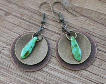 Mixed Metal Earrings / Green Czech Glass Earrings / Boho Earrings Dangle /  Earrings For Women