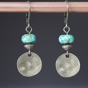 African Turquoise Brass Earrings, Dangle Boho Earrings, Drop Earrings, Small Earrings, Rustic, Earthy earrings, Gift for women