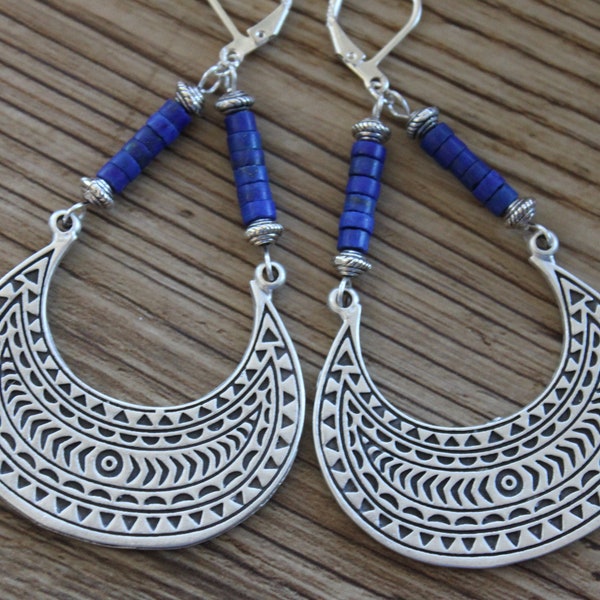 Lapis Silver Boho Earrings Dangle Boho jewelry Large Bohemian Earrings Lapis lazuli Earrings Bohemian jewelry Statement Earrings