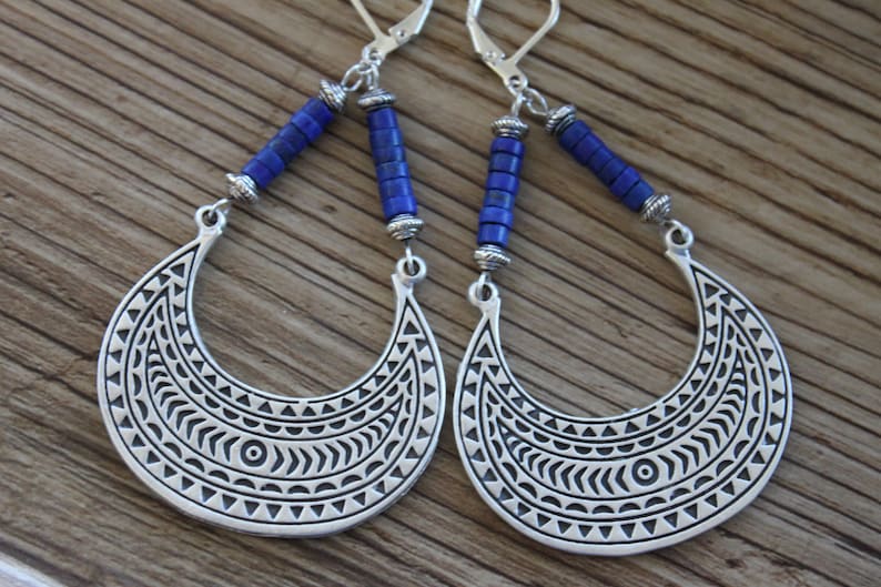 Lapis Silver Boho Earrings Dangle Boho jewelry Large Bohemian Earrings Lapis lazuli Earrings Bohemian jewelry Statement Earrings image 1