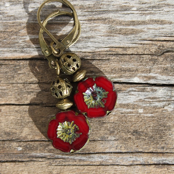 Red Earrings Czech Glass Earrings Flower Earrings Dangle Earrings Red Drop Earrings Red Jewelry Gift For Her Gift for women