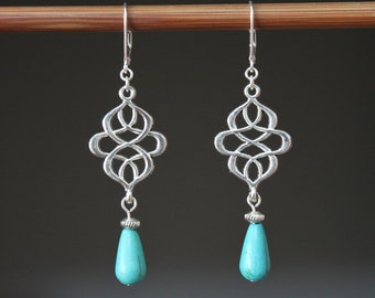 Silver Turquoise Boho Dangle Earrings, Long Earrings, Bohemian Jewelry, Sterling Silver Lever Back