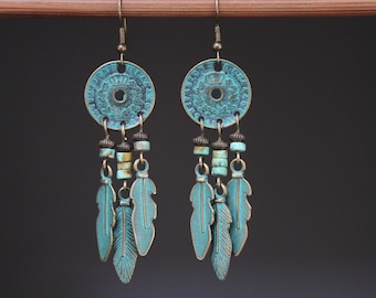 Turquoise Boho Earrings, Chandelier Dangle Earrings, Statement Earrings, Bohemian Earrings, Boho Jewelry, Hippie Earrings, Ethnic earrings