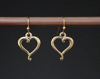 Antique Gold Heart Earrings, Dangle Earrings, Drop Earrings, Heart jewelry, Gift For Women, Gift for wife, Gift for her