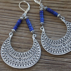 Lapis Silver Boho Earrings Dangle Boho jewelry Large Bohemian Earrings Lapis lazuli Earrings Bohemian jewelry Statement Earrings image 9