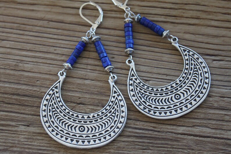 Lapis Silver Boho Earrings Dangle Boho jewelry Large Bohemian Earrings Lapis lazuli Earrings Bohemian jewelry Statement Earrings image 9