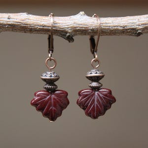Small Dark Red Czech Glass Maple Leaf Earrings, Antique Copper Dangle Jewelry