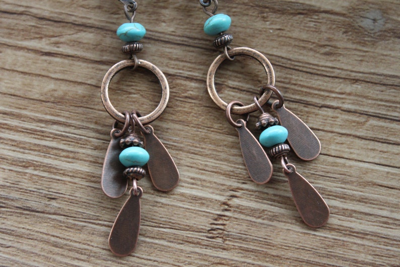 Pendientes de cobre turquesa cuelgan pendientes largos Boho pendientes Boho pendientes Boho joyería pendientes étnicos regalo para las mujeres imagen 8