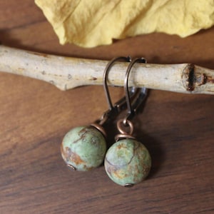 May include: A pair of earrings with round, mottled green beads. The earrings have copper-colored wire accents and dark metal lever-back closures. The earrings are displayed on a wooden branch against a brown wooden surface.