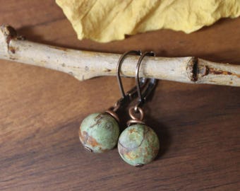 Green Opal Copper Dangle Earrings, Earthy Gemstone Leverbacks