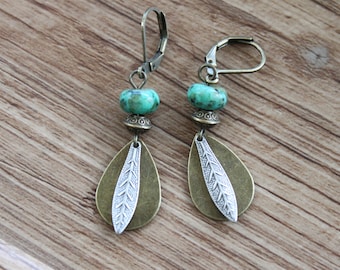 Turquoise Boho Earrings Dangle Drop Earrings Boho Jewelry Brass Earrings Small Boho Earrings Gift for women