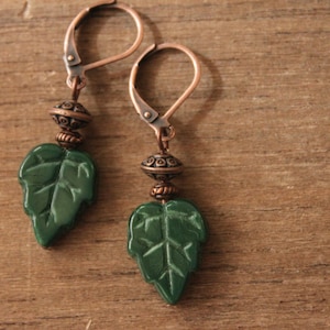 Green Leaf Earrings Dangle Drop Glass Earrings Gift for women Nature lover jewelry