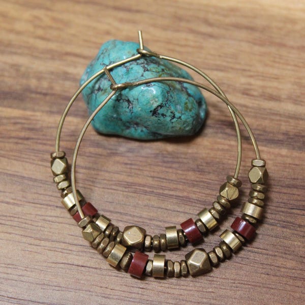 Pendientes de jaspe rojo de latón / Pendientes de aro / Joyería bohemia / Pendientes de cuentas / Pendientes bohemios
