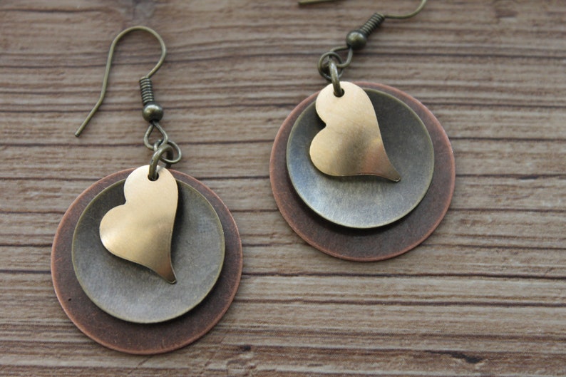 Heart Earrings Dangle Boho Earrings Drop Earrings Mixed Metal Earrings Heart Jewelry Gift for her Gift for wife Gift for women image 1