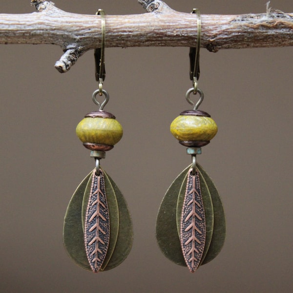 Small Yellow Boho Earrings, Dangle Brass Mixed Metal Jewelry