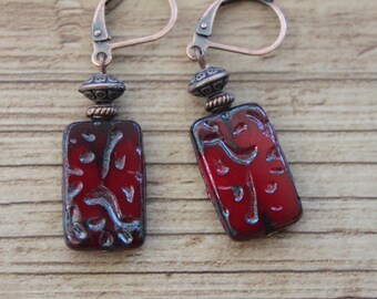 Dark Red Earrings / Czech Glass Earrings / Dangle and drop / Red Jewelry / Rustic Earrings / Gift for women