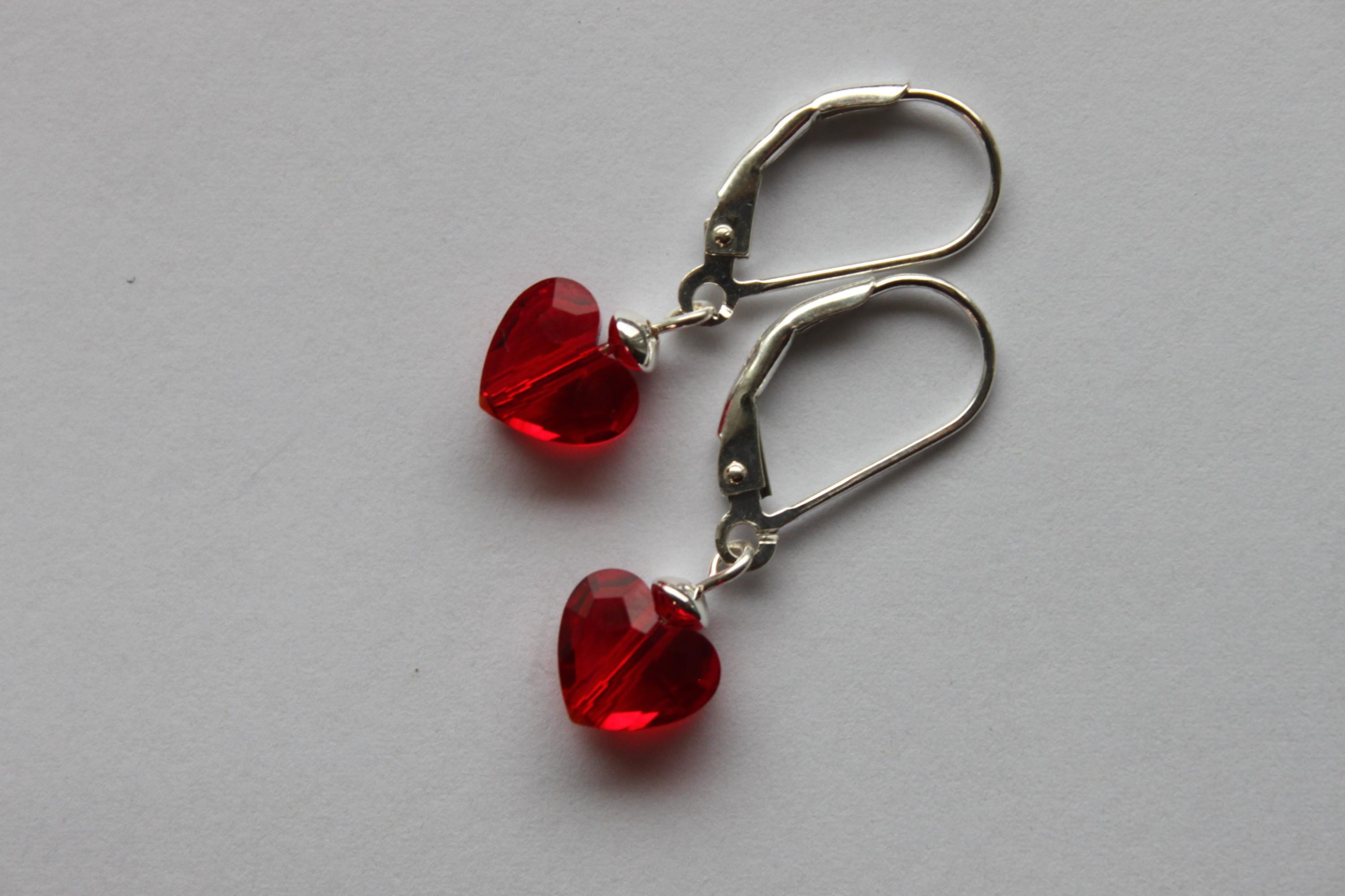 Heart Earrings with Red Swarovski(R) Crystal Drops Hammered Sterling Silver Heart Earrings with Red Swarovski(R) Crystal Drops Hammered Sterling Silver