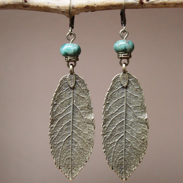 Chrysoprase Green Leaf Earrings, Antique Brass Boho Jewelry