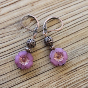 Pink Earrings, Czech Glass Earrings, Dangle Earrings, Small Earrings, Flower Earrings, Pink Jewelry, Gift for women