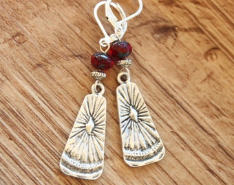 Red Boho Silver Dangle Earrings, Boho Jewelry, Bohemian Earrings, Czech Glass Earrings, Gift for Her, Gift for women