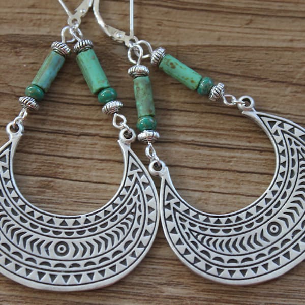 Green Boho Earrings, Silver dangle earrings, Large Boho jewelry, Bohemian earrings, Statement Earrings, Ethnic Earrings, Hippie earrings