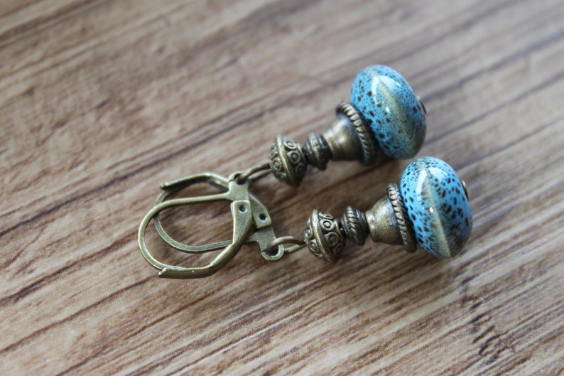 Blue Ceramic Earrings, Dangle Drop Earrings, Rustic Earrings, Earthy Earrings, Blue Jewelry, Gift For women image 1