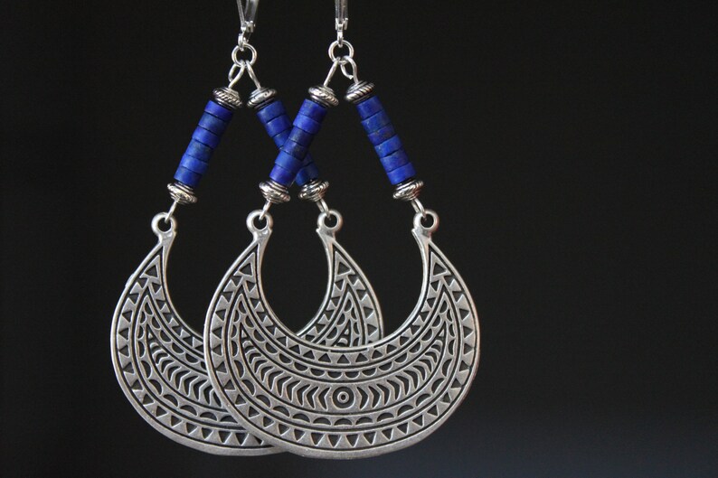 Lapis Silver Boho Earrings Dangle Boho jewelry Large Bohemian Earrings Lapis lazuli Earrings Bohemian jewelry Statement Earrings image 10