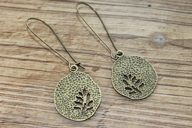 Leaf Boho earrings, Dangle Drop Earrings, Long Brass Earrings, Boho Jewelry, Bohemian Earrings, Rustic Earrings, Statement Earrings image 1