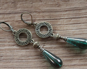 Long Green Brass Boho Earrings, Czech Glass Earrings, Dangle Earrings, Drop earrings, Teardrop Earrings, Bohemian Earrings
