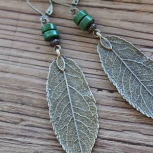 Turquoise Boho Earrings, Dangle Leaf Earrings, Bohemian Earrings, Boho Jewelry, Brass Earrings, Nature Lover Gift Earrings Green