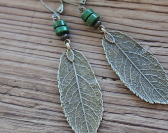 Boho Earrings, Dangle Leaf Earrings, Bohemian Earrings, Boho Jewelry, Green Brass Earrings, Nature Lover Gift Earrings