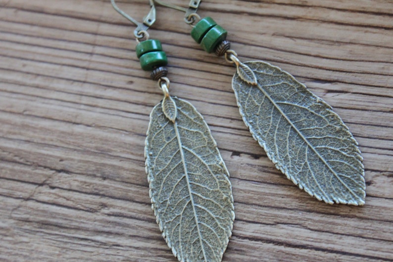 Turquoise Boho Earrings, Dangle Leaf Earrings, Bohemian Earrings, Boho Jewelry, Brass Earrings, Nature Lover Gift Earrings Green